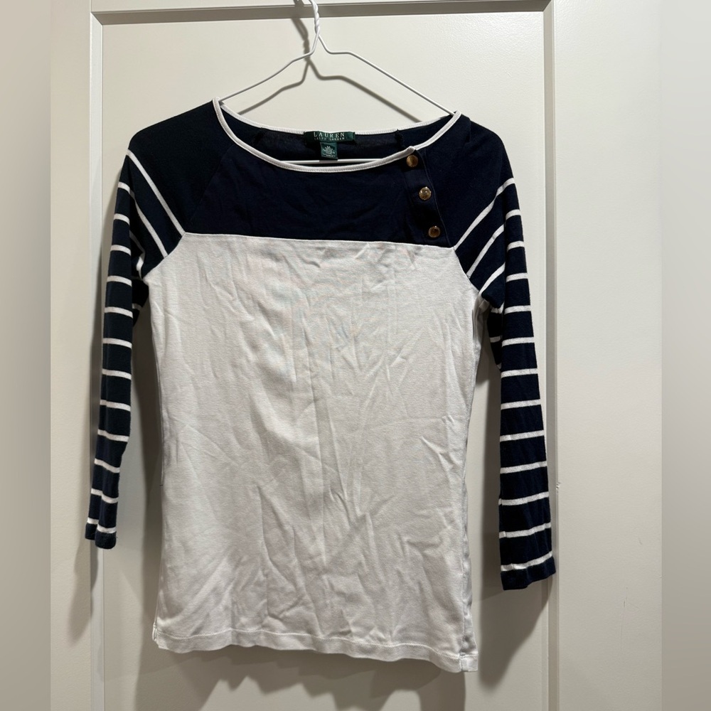 Lauren Ralph Lauren Striped Navy and White Long‎ Sleeve Top Size M